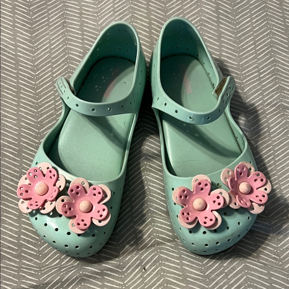 Mini Melisa Mint Green Mary Jane Shoes with Pink Flower Accents
